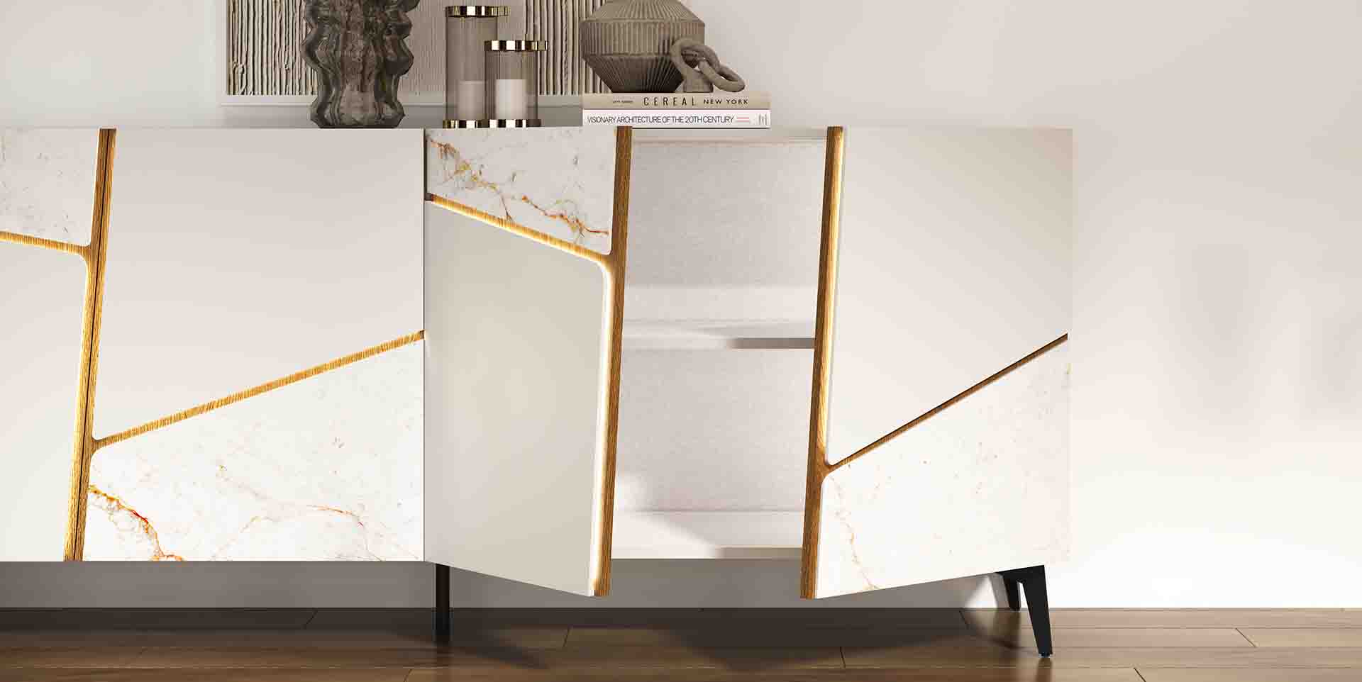 Élégante enfilade 4 portes chêne laque design
