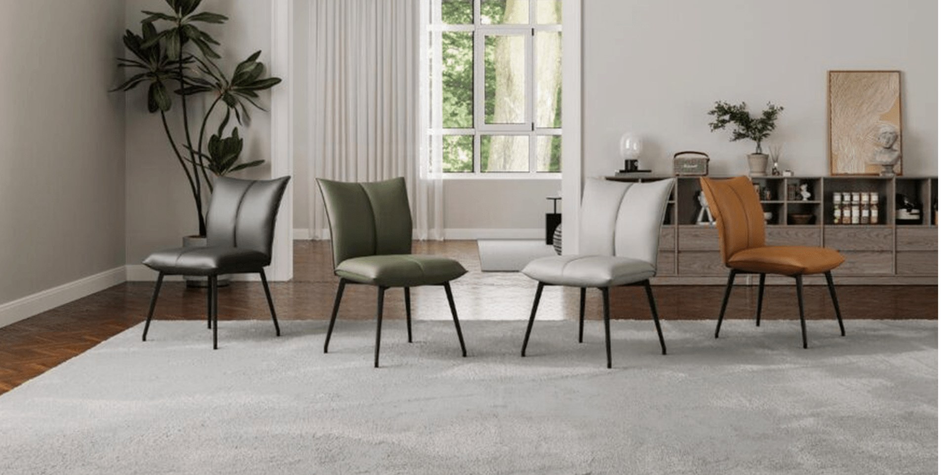 Chaise de salle à manger MONET en cuir avec pieds en métal, vue de face