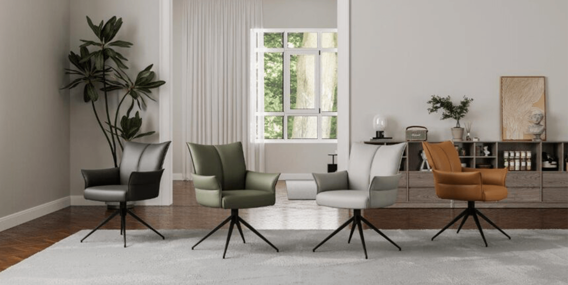 Chaise pivotante CEZANNE en cuir avec accoudoirs et piètement métal