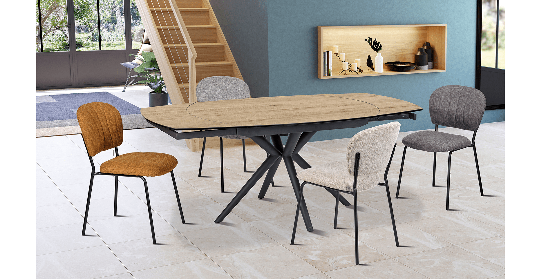 table ovale 2 allonges plateau céramique pieds métal