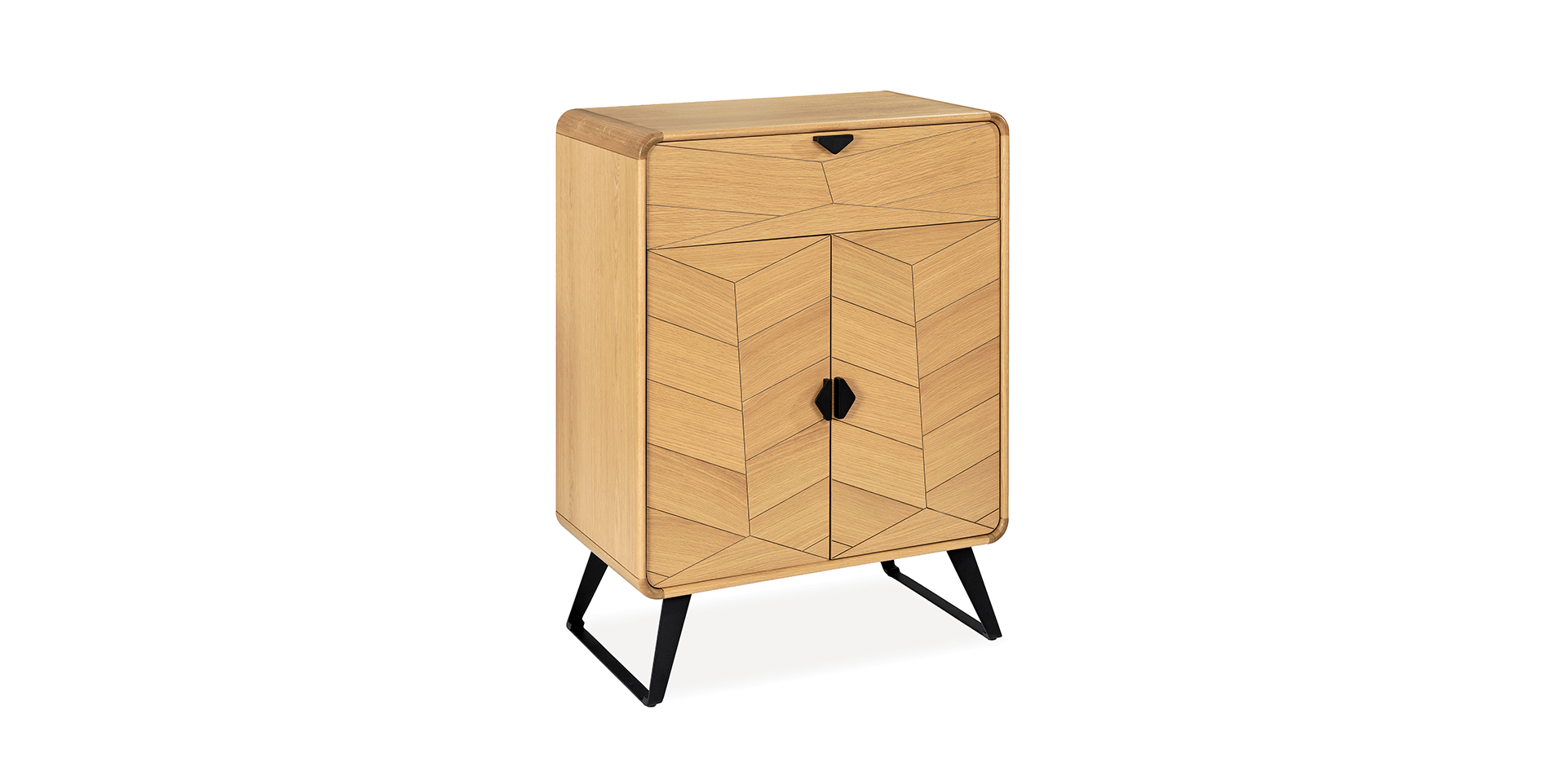 bibus placage chêne motif chevrons piètement métal deux portes un tiroir