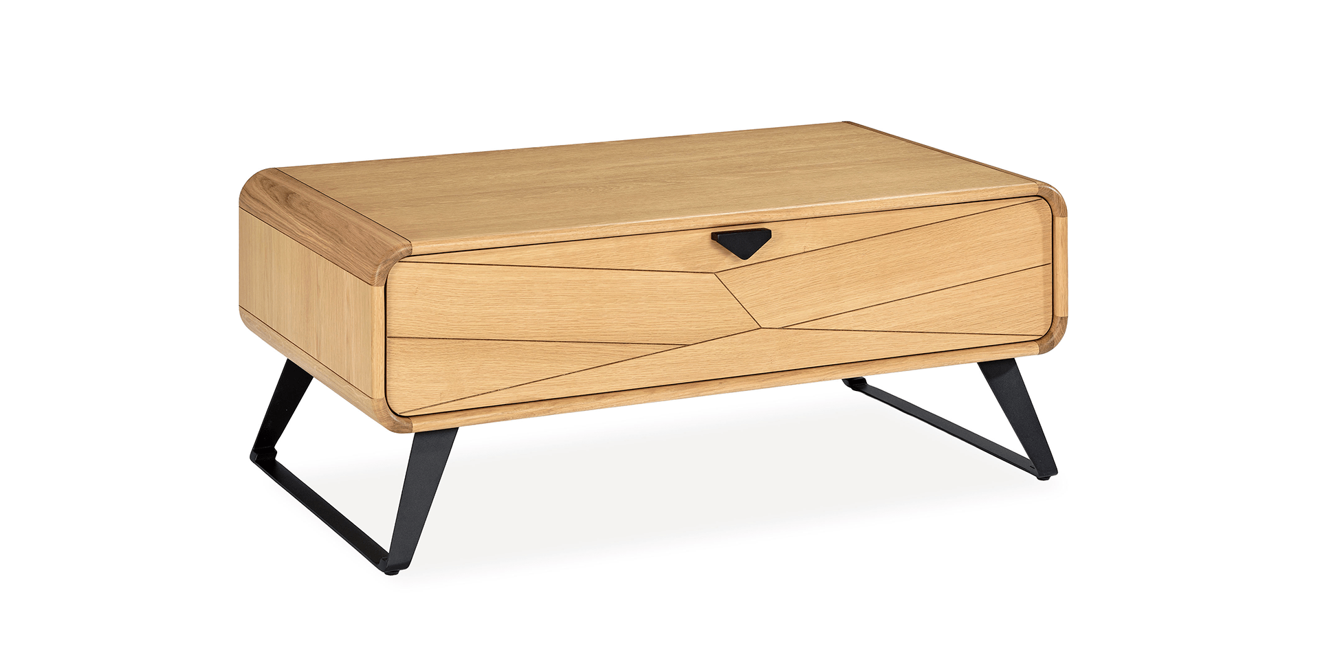 table basse rectangulaire placage chêne chevrons pieds métal tiroir haut de gamme